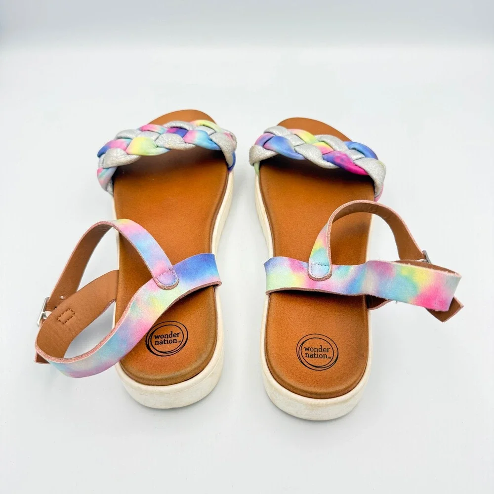 Wonder Nation Girls Rainbow Tie Dye Braided Platform Sandals Silver SZ 5 GGWN22